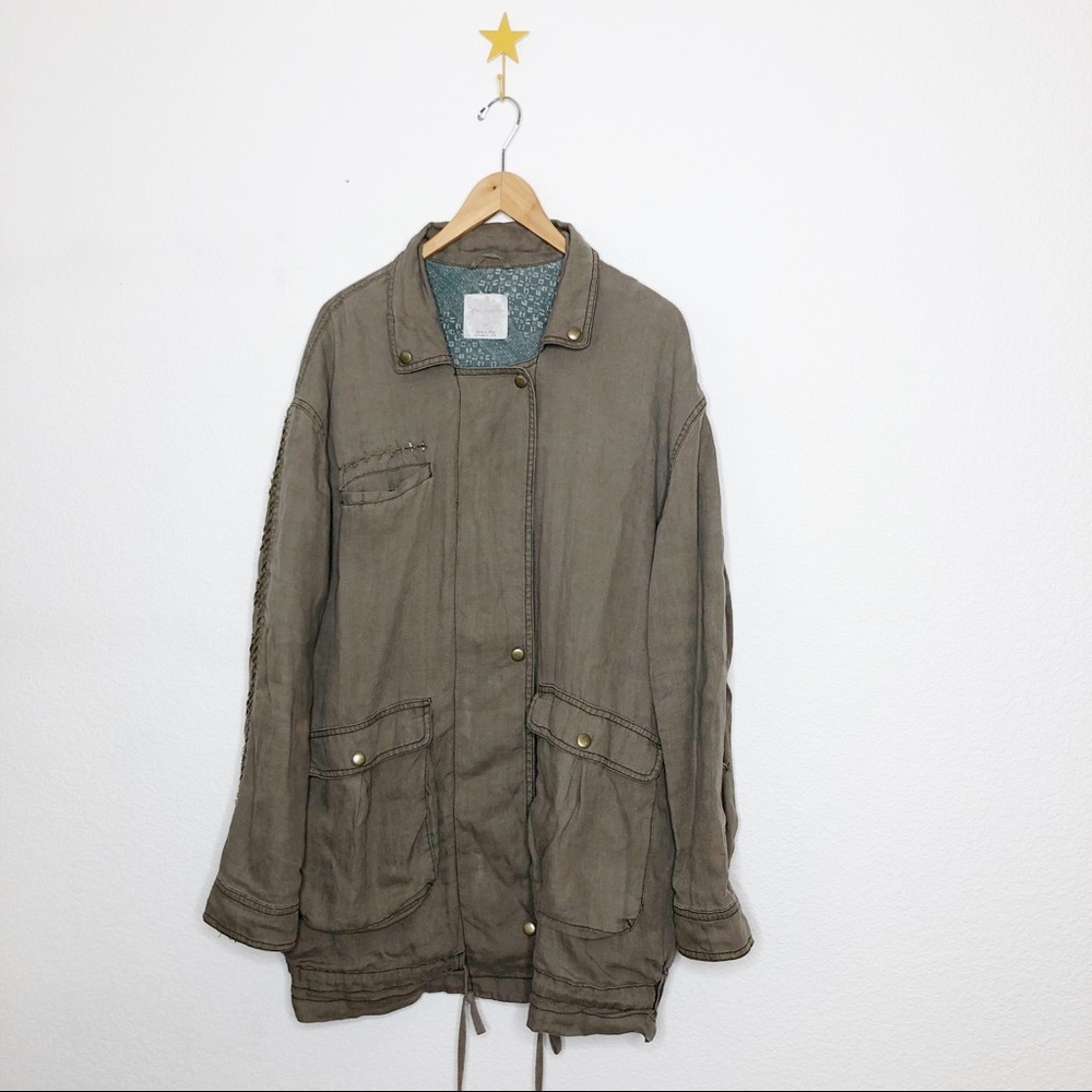 Free People Rugged Embroidered Twill Military Canvas Jacket